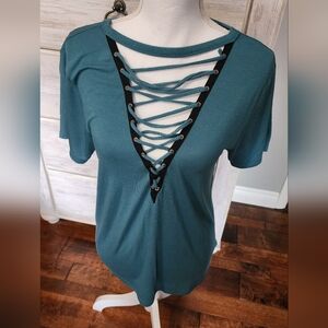 Blue Express top v neck lace up tshirt super cute on! Size small new condition